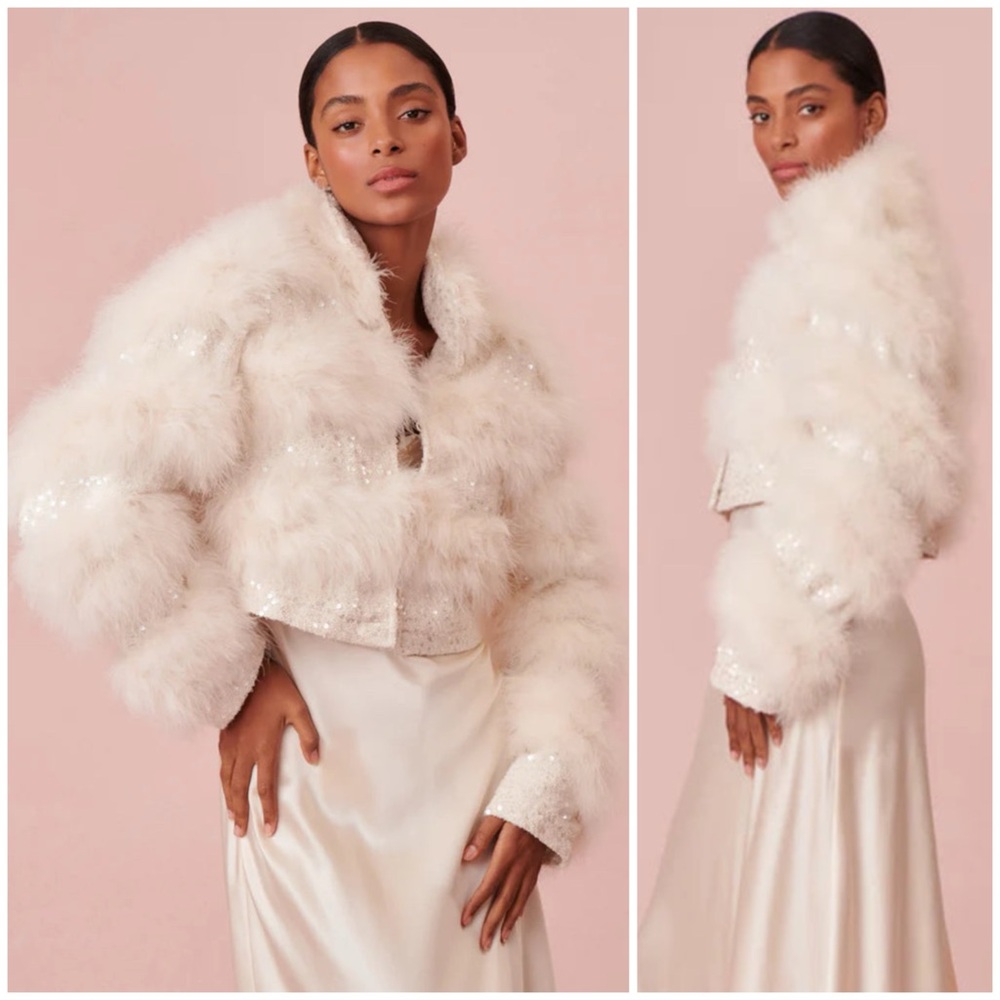 LOVESHACKFANCY Curran Feather Sequin Jacket in Cr… - image 2